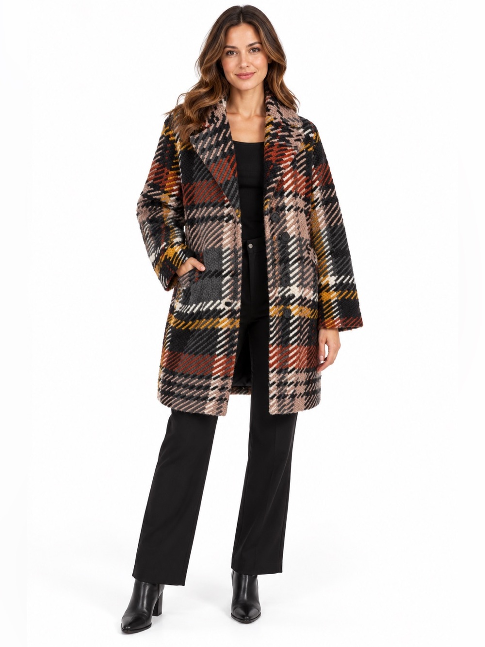 CHARLIE B Plaid Coat in Black, Brown & Rust with Mustard Accents Sz L